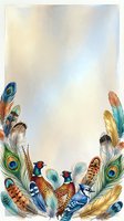 Colorful feathers frame with pheasants and blue jay birds on textured background for greeting cards and invitations.