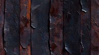 Weathered metal surface with vertical lines showing deep rust patterns and corrosion texture. Dark industrial background with rough oxidized patina and peeling paint.