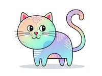 Cute cartoon cat with rainbow gradient colors and polka dot pattern on white background isolated for design projects and children graphics.