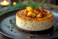 Creamy vanilla cheesecake topped with caramelized pears and fresh dill on chocolate cookie crust, served on dark plate with herbs and warm candlelight ambiance.