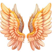 Pair of detailed angel wings in soft peach and golden colors on white background, isolated design element for creative projects and decorative artwork.