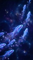 Ethereal translucent fish swimming through cosmic space with glowing bubbles and starlight creating mystical underwater galaxy scene for fantasy designs.