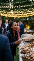 Happy African American woman laughing at outdoor evening party with string lights and catering table for wedding reception or corporate event celebration.