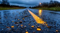 Wet asphalt road with yellow line marking reflecting in raindrops at dusk. Empty highway stretches into distance with dramatic stormy sky and glowing street lamp.