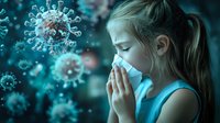 Young blonde girl sneezing with virus particles floating in turquoise blue atmosphere, depicting spread of respiratory illness and immune system response.