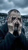 Elderly Caucasian man covering face with hands expressing despair, stress and emotional pain against dramatic stormy sky background for mental health concepts.