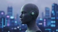 Futuristic humanoid robot with glowing green power symbol against neon cityscape backdrop for technology and artificial intelligence concepts.