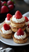 Mini puff pastry shells filled with whipped cream and topped with fresh strawberries on white plate, elegant dessert presentation for catering or cafe.