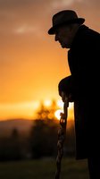 Elderly man silhouette with walking stick against golden sunset sky. Senior gentleman in hat contemplating peaceful evening landscape outdoors.