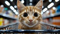 Curious ginger cat with big expressive eyes peeks out from shopping cart in supermarket, creating humorous moment against blurred store background.