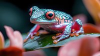 Red-eyed tree frog perched on green leaf against dark background, vibrant turquoise and orange colors showcase exotic amphibian in natural habitat.