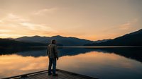 Person standing on wooden dock overlooking calm lake at golden hour sunset with mountain silhouettes reflected in water creating peaceful solitude scene.