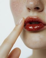 Woman with fair skin and freckles applying nude lip gloss with finger, showcasing glossy cosmetic product for beauty and makeup advertising campaigns.