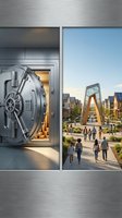 Secure bank vault door with golden interior contrasts with sunny public plaza featuring diverse pedestrians and modern architecture, symbolizing financial security and community access.