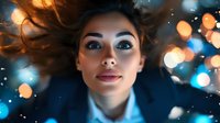 Woman with flowing brown hair and fair complexion gazes upward surrounded by glowing bokeh lights in warm and cool tones, conveying wonder, inspiration, and optimism for aspirational lifestyle and commercial projects.