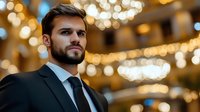 Professional businessman in elegant suit with warm bokeh lights background for corporate presentations and luxury business concepts.
