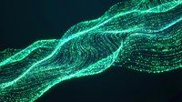 Glowing green digital particles flow in wavy streams against dark background, creating luminous data visualization effect for technology and innovation concepts.