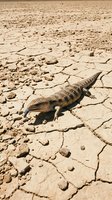 Lizard crawling across cracked, parched earth during severe drought conditions. Arid landscape showing environmental stress and wildlife adaptation to extreme heat and water scarcity.
