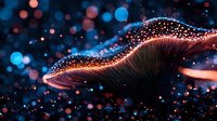 Glowing coral pink mushroom gills with magical sparkles and bokeh lights against dark background, macro photography style nature composition.