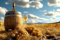 Wooden wine barrel with white wine glass and fresh grapes in vineyard landscape under cloudy blue sky. Autumn harvest winemaking concept for restaurants.