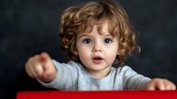 Curious toddler with curly hair and bright blue eyes pointing forward while wearing gray sweater against dark background, expressing wonder and discovery.