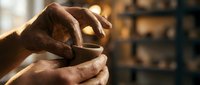 Potter hands shaping clay on spinning wheel in warm sunlit workshop. Traditional craftsmanship and artisan pottery making process in cozy studio setting.