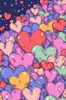 Colorful hearts pattern with stars on dark blue background. Romantic doodle style illustration in pink, purple, yellow and mint green shades for Valentine cards.