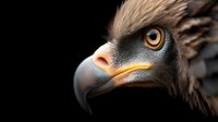 Close-up portrait of majestic eagle head with piercing amber eye and curved beak against dark background, dramatic wildlife photography showing fierce predator nature.