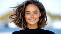 Young Hispanic woman with short wavy brown hair and bright smile wearing black top against blurred waterfront background, natural daylight portrait for lifestyle and beauty content.