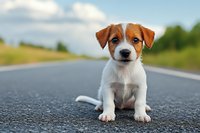 Adorable Jack Russell Terrier puppy sitting on empty rural road against blurred nature background. White and brown fur, expressive eyes create heartwarming pet portrait.