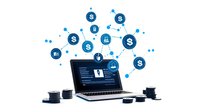 Laptop displaying financial data with floating dollar signs and network connections, surrounded by stacked coins, illustrating digital banking and cryptocurrency trading.