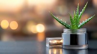 Small aloe vera plant in modern metallic cosmetic jar against blurred warm bokeh background with candle creating spa atmosphere and skincare concept.