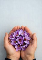 Hands holding vibrant purple flowers with yellow centers against neutral background, suitable for wellness, care, nature, and gift-related design projects.