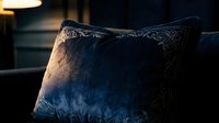Luxurious navy velvet cushion with ornate silver embroidered details, positioned on dark furniture in moody ambient lighting, suitable for home decor and interior design projects.