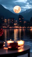 Full moon rising over mountain lake with illuminated cityscape reflecting on water surface, candlelit table in foreground creates romantic evening atmosphere.