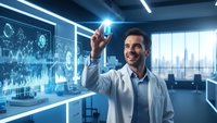 Professional businessman interacting with futuristic holographic interface displaying data analytics and charts in modern office environment.