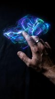 Male hand conjuring glowing blue purple energy swirls with magical light effects against dark background for fantasy and supernatural concepts.