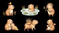 Cute watercolor capybara clipart set with six scenes, isolated on transparent background. Great for stickers, t-shirt design, print on demand, and sublimation projects.