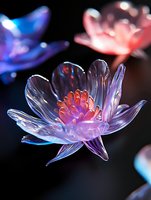 Glowing translucent lotus flowers with pink centers and blue petals on dark background create magical garden atmosphere, illuminated by soft ethereal light.