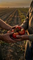 Farmer hands holding fresh ripe tomatoes at sunset in agricultural field with crop rows stretching into distance during golden hour harvest time.
