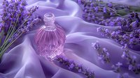 Elegant glass perfume bottle with pink fragrance surrounded by fresh lavender flowers on flowing purple silk fabric. Luxury cosmetic still life.
