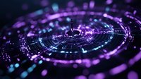 Futuristic holographic interface with glowing purple and blue circular elements, digital technology concept for sci-fi projects and modern design applications.