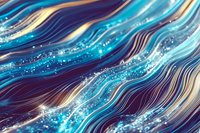 Abstract fluid art background with flowing turquoise, navy blue and golden waves creating dynamic movement pattern with glowing sparkles and light effects.