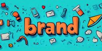 Orange word brand surrounded by marketing and social media doodle elements on turquoise background. Modern business communication concept design.