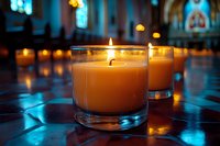 Glowing orange candles in glass holders create warm ambiance in blurred church interior with soft bokeh lights for meditation and spiritual worship ceremonies.