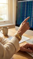 Senior male investor analyzing stock market data on computer monitor, pointing at financial charts and trading information displayed on screen at desk.