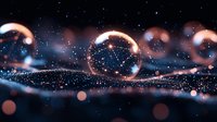 Glowing orange light rings float over dark surface with scattered sparkles and bokeh effects creating magical atmospheric composition. Suitable for abstract backgrounds.