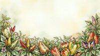 Colorful peppers and chili plants with green foliage arranged in decorative border frame on cream background, suitable for culinary designs and food packaging.