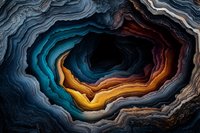 Abstract layered pattern resembling natural agate stone or geode cross-section with vibrant blue, gold, and gray tones creating depth and movement in dark background.