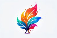 Vibrant multicolored feather logo with gradient colors from pink to orange, turquoise and blue, decorated with small dots on white isolated background for creative design.